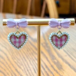 Pink Heart Plaid Gingham Earrings With Bow & Pearl Accents Dangle Drop New